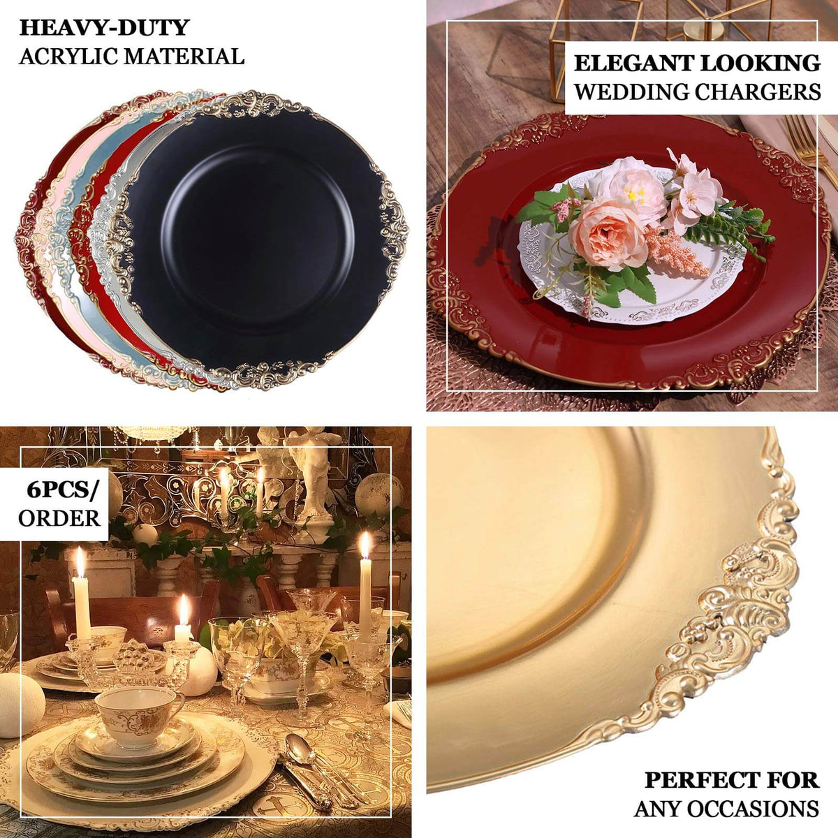 6-Pack Acrylic Charger Plates 13" Round Clear with Gold Embossed Baroque Rim - Antique Decorative Dinner Tableware